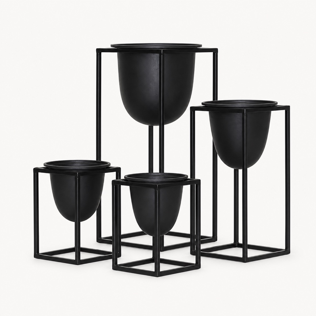 Four Piece Black Pedestal Planter Set