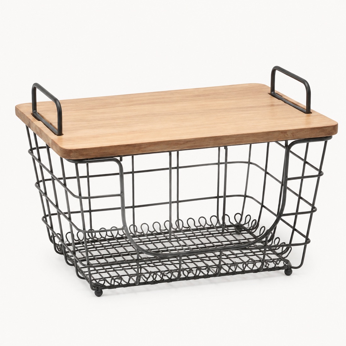Rectangular Wire Basket With Acacia Lid